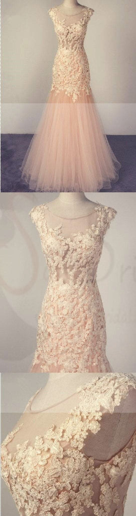 Pale Pink Scoop Tulle Prom Dress With Lace Appliques,Charming Bridesmaid Dresses