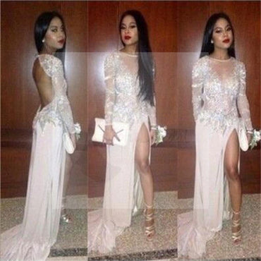 Sexy White Beaded Open Back Side Slit Prom Dresses, Long Sleeve Formal Evening Dress