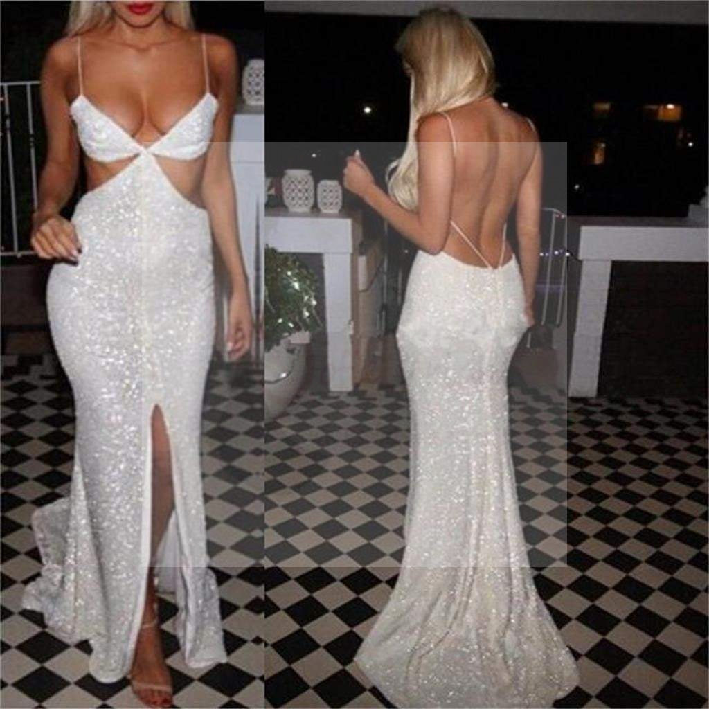 Sexy White Sequin Backless Mermaid Prom Dresses, Side Slit Prom Dresses