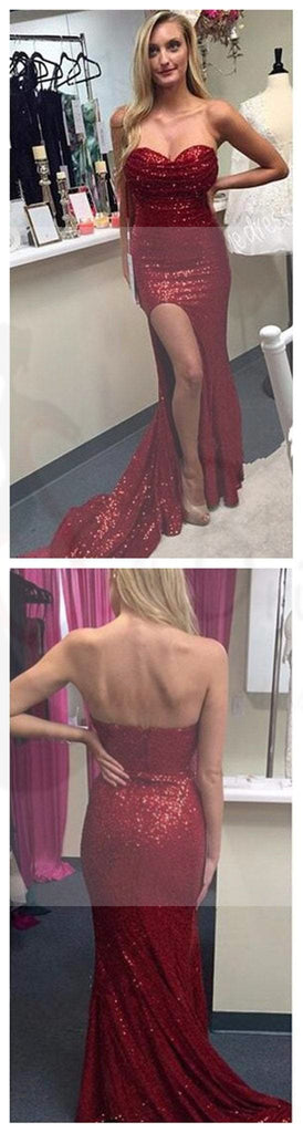 Red Sequin Sweetheart Side Slit Sparkle Prom Dresses, Sexy Formal Evening Dresses