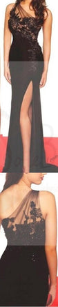 Sexy Black lace Side Slit Mermaid Prom Dresses, Long One Shoulder Prom Dress