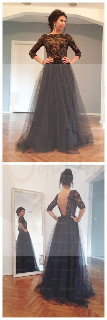 Black Lace Half Sleeve Sexy V-back Long A-line Tulle Prom Dresses, PD0305