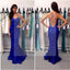 Royal Blue Lace Mermaid Prom Dresses, Sexy Backless Spaghetti Prom Dresses