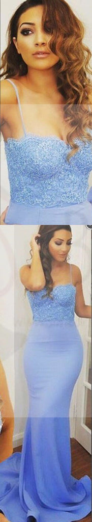 Spaghetti Straps Mermaid Prom Dresses, Sexy Blue Lace Prom Dresses