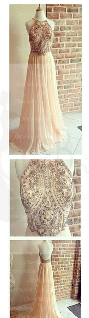 Gorgeous Backless Rhinestone Beaded Long A-line Chiffon Prom Dresses, PD0159