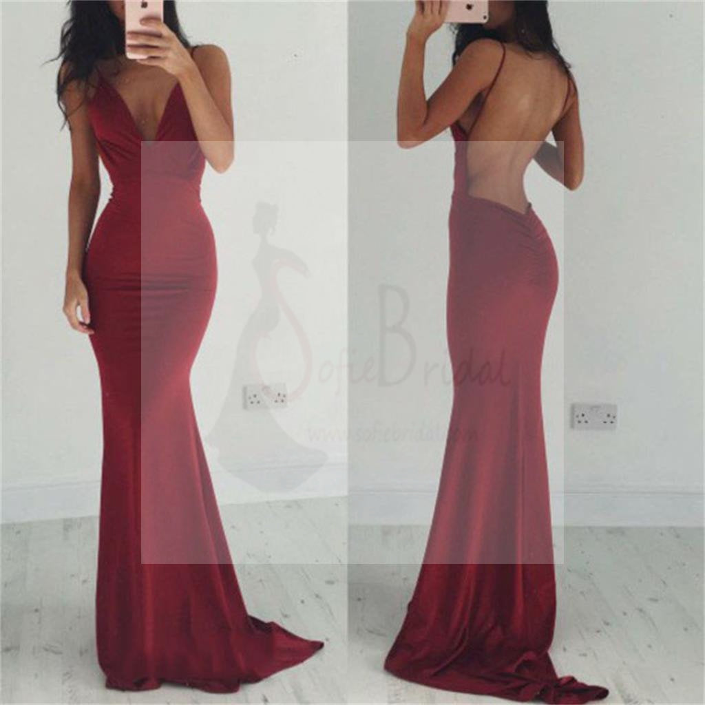 Sexy Maroon Jersey Spaghetti Backless Prom Dresses, PD0161