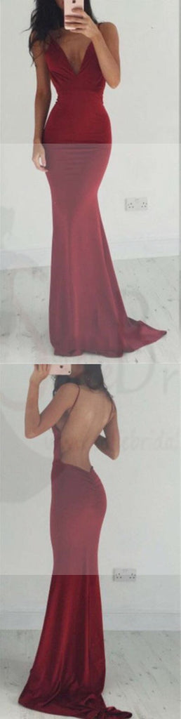 Sexy Maroon Jersey Spaghetti Backless Prom Dresses, PD0161