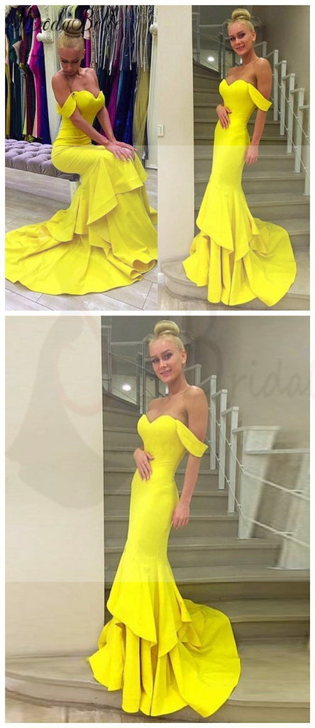 Sexy Off Shoulder Mermaid Yellow Jersey Prom Dresses, Popular Sweetheart Prom Dresses