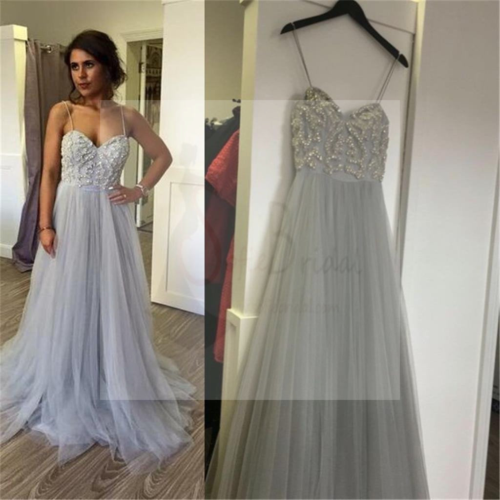 Charming Spaghetti Lace Tulle Long A-line Prom Dresses, PD0166