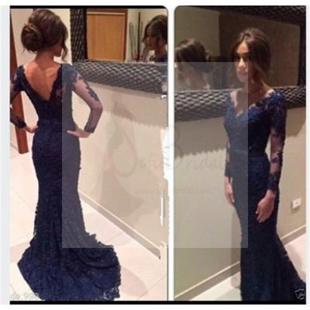 Navy Prom Dresses, Long Prom Dresses, Lace Prom Dresses, V-neck Prom Dresses, Dresses for Prom, Long Sleeves Prom Dresses, Evening Dresses, PD0017
