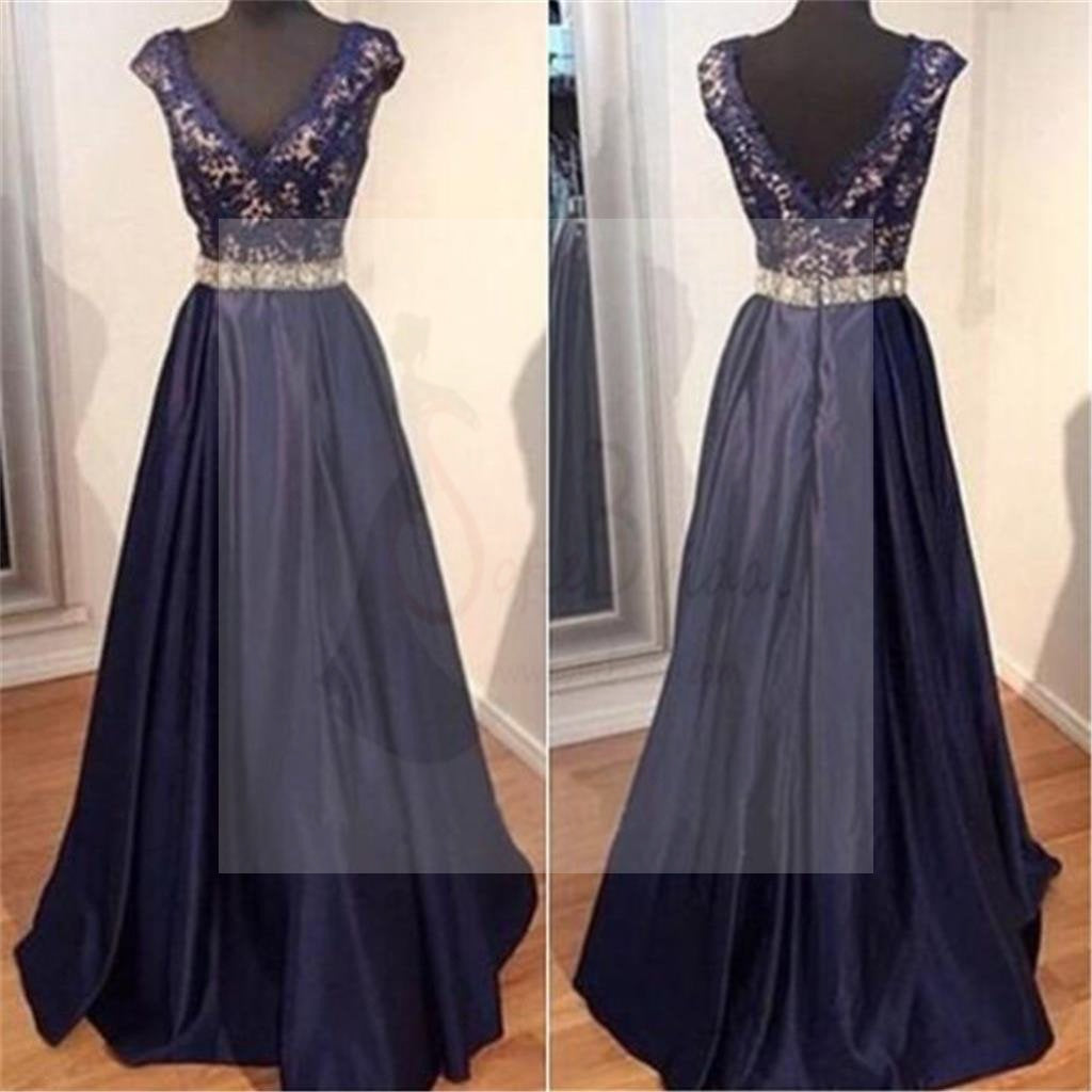 Navy Blue Long A-line Satin Lace Beaded Prom Dresses, PD0176