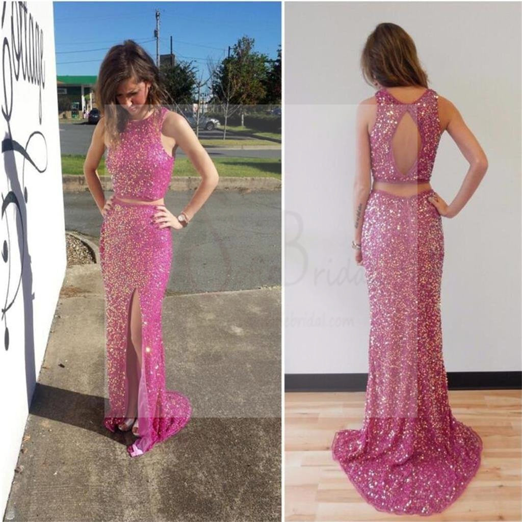 Two Pieces Hot Pink Sequin Prom Dresses, Sexy Side Slit Open Back Prom Dresses