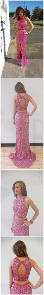 Two Pieces Hot Pink Sequin Prom Dresses, Sexy Side Slit Open Back Prom Dresses