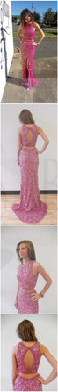 Two Pieces Hot Pink Sequin Prom Dresses, Sexy Side Slit Open Back Prom Dresses