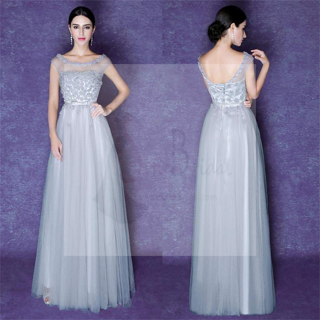 Gray Scoop Tulle Prom Dresses, V-Back Lace Prom Dresses, Bridesmaid Dress