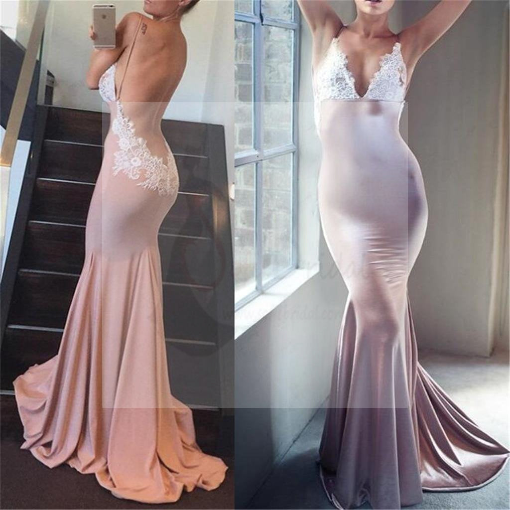 Sexy V-Neck Backless Mermaid Prom Dresses, Spaghetti Lace Prom Dresses