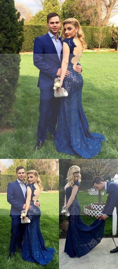 Sexy Backless Mermaid Royal Blue Lace Formal Prom Dresses, Popular Formal Prom Dress