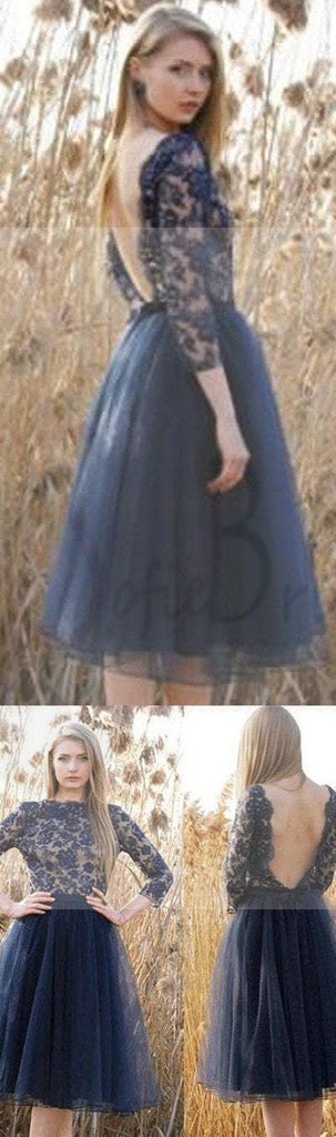 Navy Blue Lace Homecoming Dress, Sexy Backless Long Sleeve Tulle Homecoming Dresses
