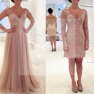 Long Sleeve Prom Dresses, V-Neck Lace Prom Dresses, Tulle Prom Dresses, Pink Prom Dresses, Sexy  Prom Dresses, Two Pieces Prom Dresses, PD0034