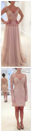 Long Sleeve Prom Dresses, V-Neck Lace Prom Dresses, Tulle Prom Dresses, Pink Prom Dresses, Sexy  Prom Dresses, Two Pieces Prom Dresses, PD0034