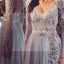 Long sleeve Prom Dresses, Grey Prom Dresses, Lace Prom Dresses, Backless Prom Dresses, V-Neck Prom Dresses, Custom Prom Dresses, PD0038