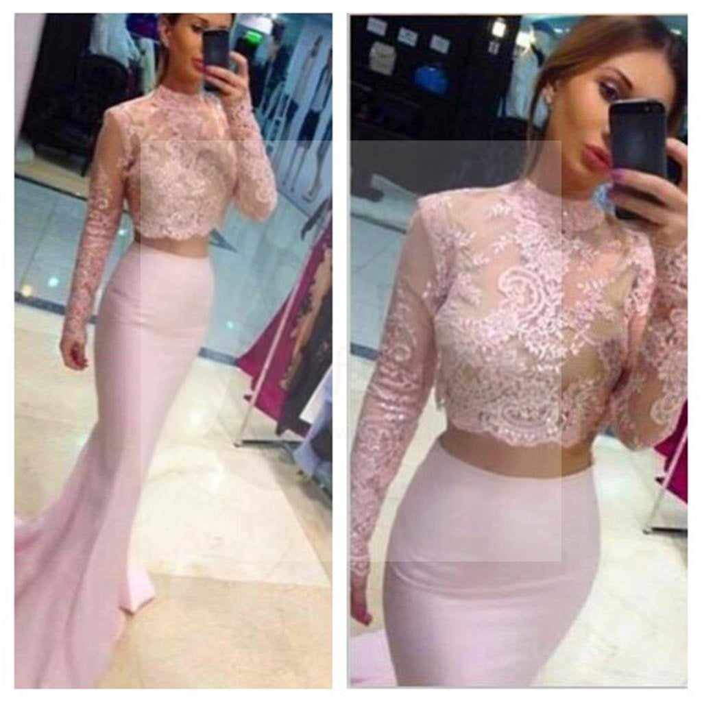 Two Pieces Pink Lace Top Long Sleeve Sexy Mermaid Prom Dresses, Formal Evening Dress