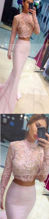 Two Pieces Pink Lace Top Long Sleeve Sexy Mermaid Prom Dresses, Formal Evening Dress