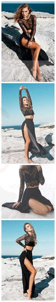 Two Pieces See Through Black Lace Chiffon Side Slit Prom Dresses, WD0253