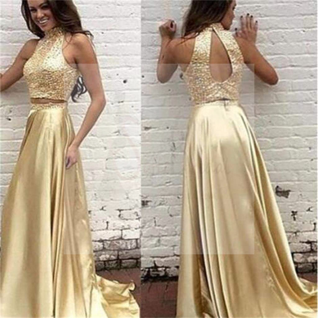 Two Pieces Gold Sequin Satin Open Back Prom Dresses, Long A-Line Prom Dresses