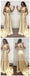Two Pieces Gold Sequin Satin Open Back Prom Dresses, Long A-Line Prom Dresses