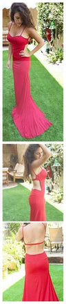 Sexy Spaghetti Straps Mermaid Open Back Prom Dresses, Unique Red Jersey Evening dresses