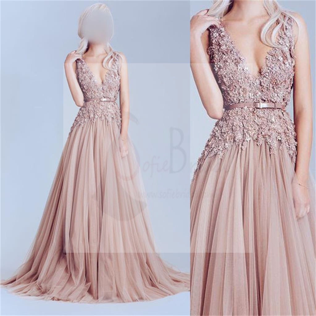 Dusty Pink Tulle Prom Dress, Off Shoulder Lace Prom Dress, Best Sale Prom Dress