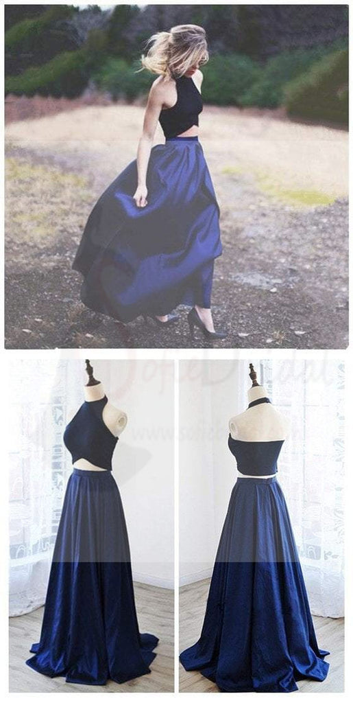 Two Pieces Sexy A-Line Navy Satin Prom Dresses, Cheap Custom Prom Dress