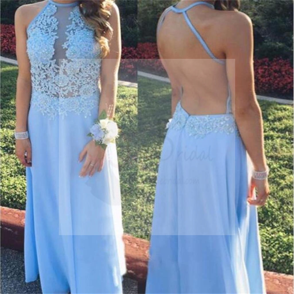 Simple Cheap Chiffon Lace Open Back Blue Long Prom Dresses, PD0070