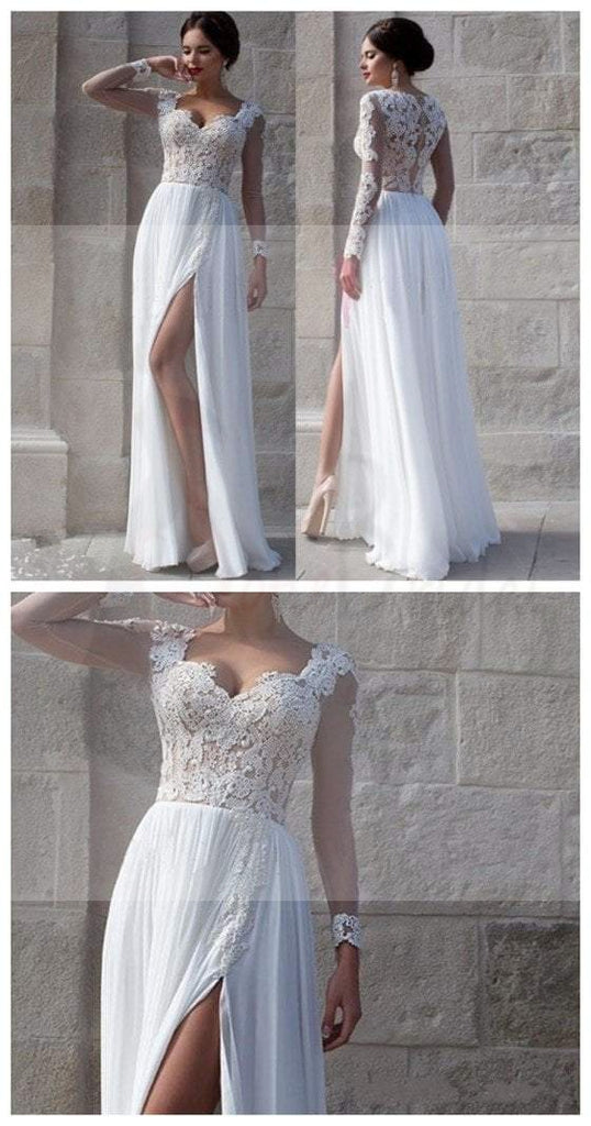 Elegant White Lace Side Slit Long Sleeve Cheap Wedding Dresses,PD0581