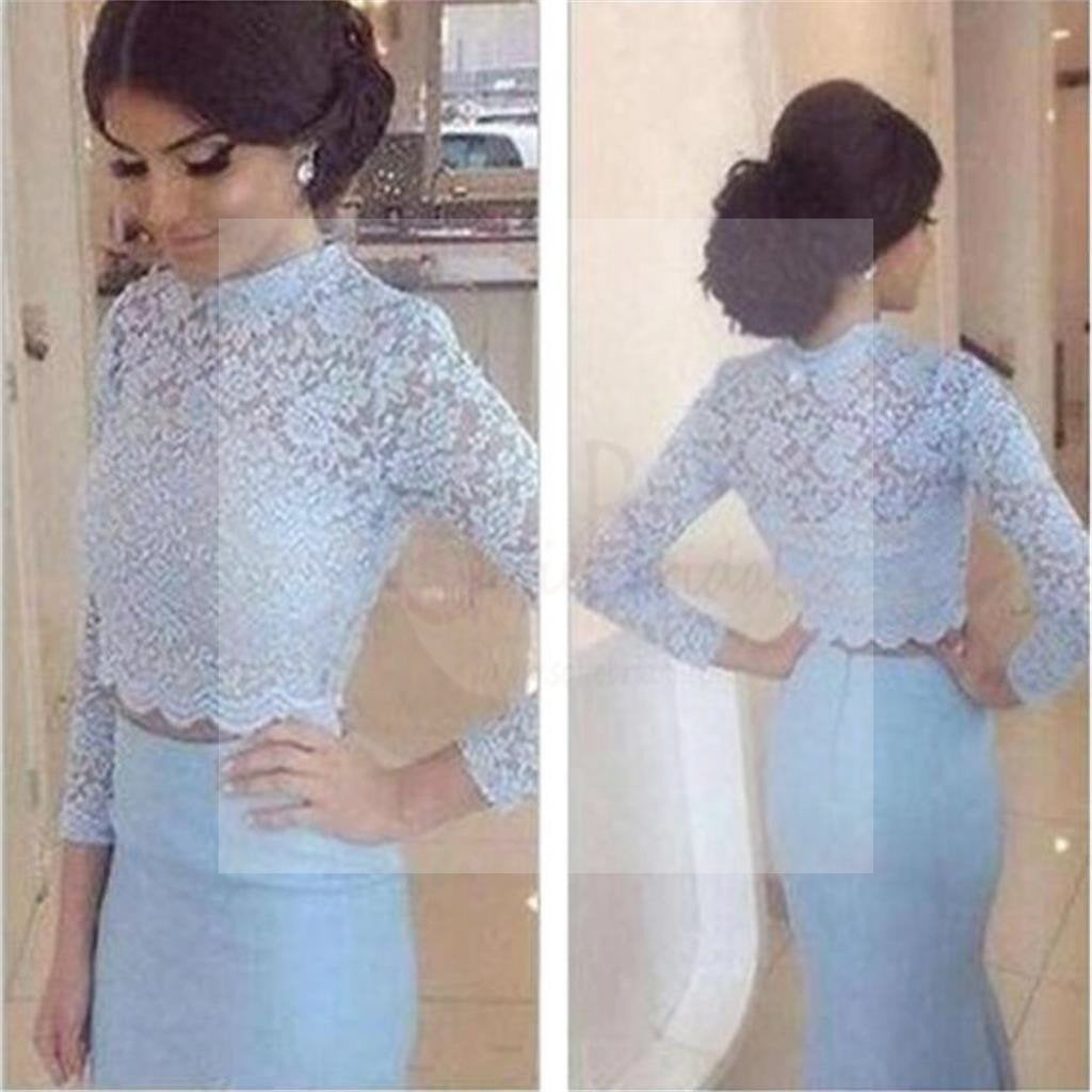 Long Sleeves Prom Dresses, Two Pieces Prom Dresses, Blue Long Prom Dresses, High Neck Prom Dresses, Party Prom Dresses, Evening Prom Dresses, Prom Dresses Online, PD0074
