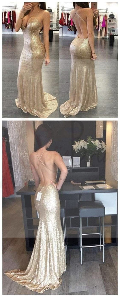 Gold Sequin Sexy Spaghetti Straps Mermaid Party Evening Prom Dresses PD0580