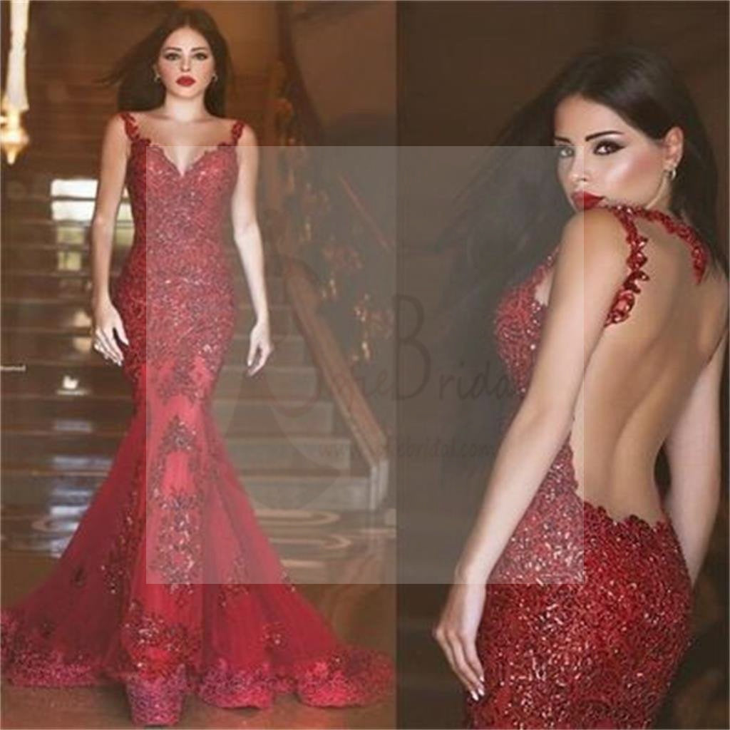 Sexy Red Lace Mermaid Backless Long Prom Dresses, Cheap Popular Party Prom Dresses