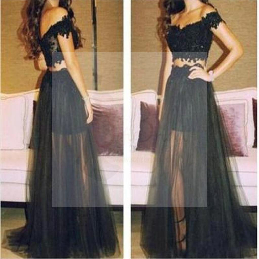 Two Pieces Off Shoulder Black Lace Beaded Tulle Long A-line Prom Dresses, WD0256