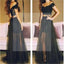 Two Pieces Off Shoulder Black Lace Beaded Tulle Long A-line Prom Dresses, WD0256