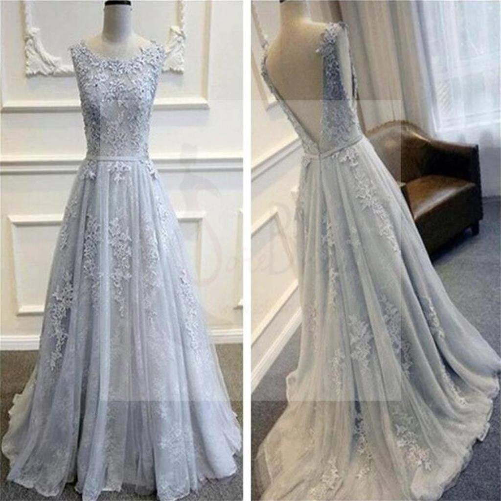 Gray V-Back Scoop Tulle With Lace Appliques Party Evening Prom Dresses,PD0083