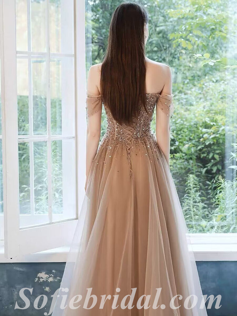 Elegant Tulle Off Shoulder Sleeveless Lace Up A-Line Long Prom Dresses With Applique And Besding,SFPD0592