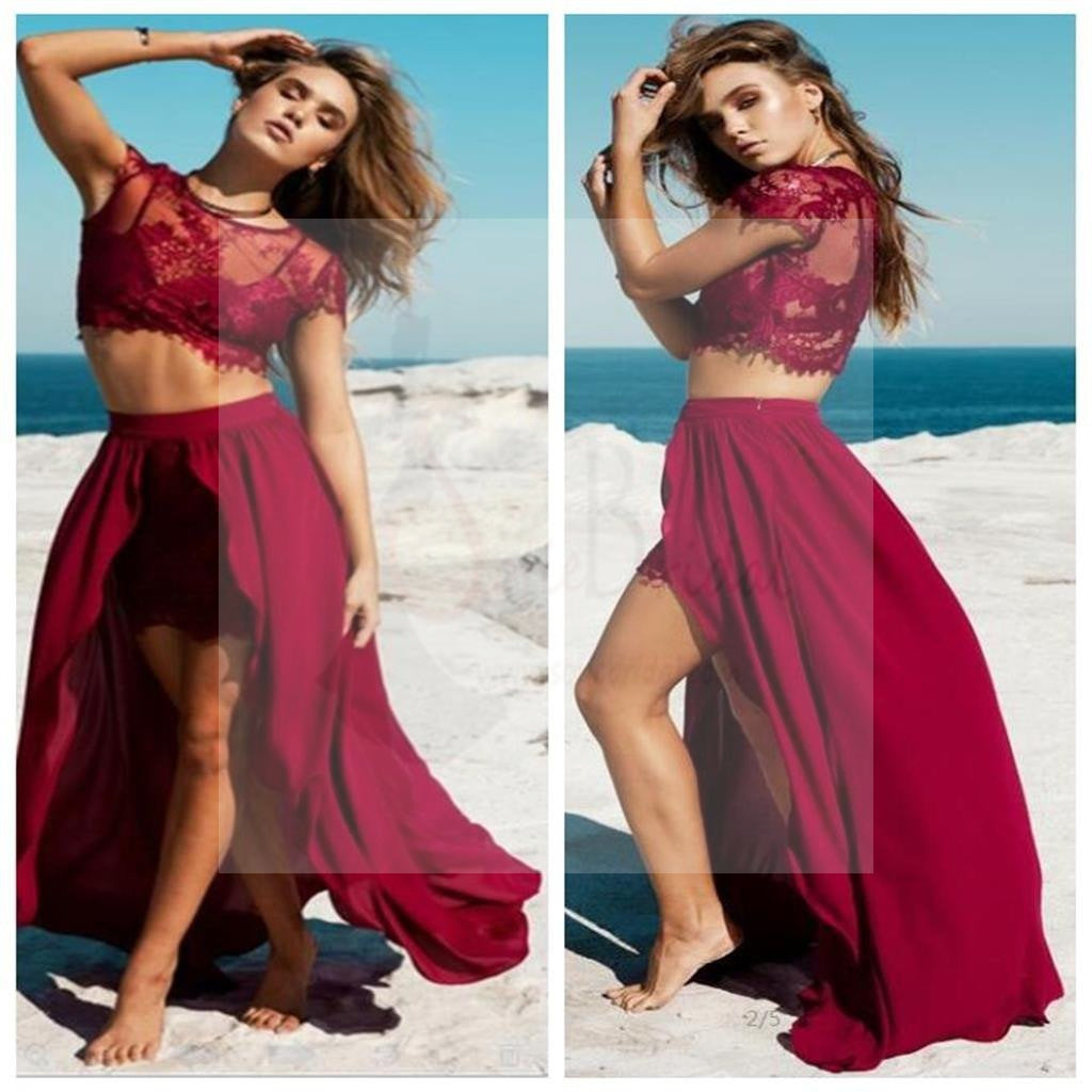 Burgundy Sexy Slit Two-piece Party Long Prom Dresses, PD0091