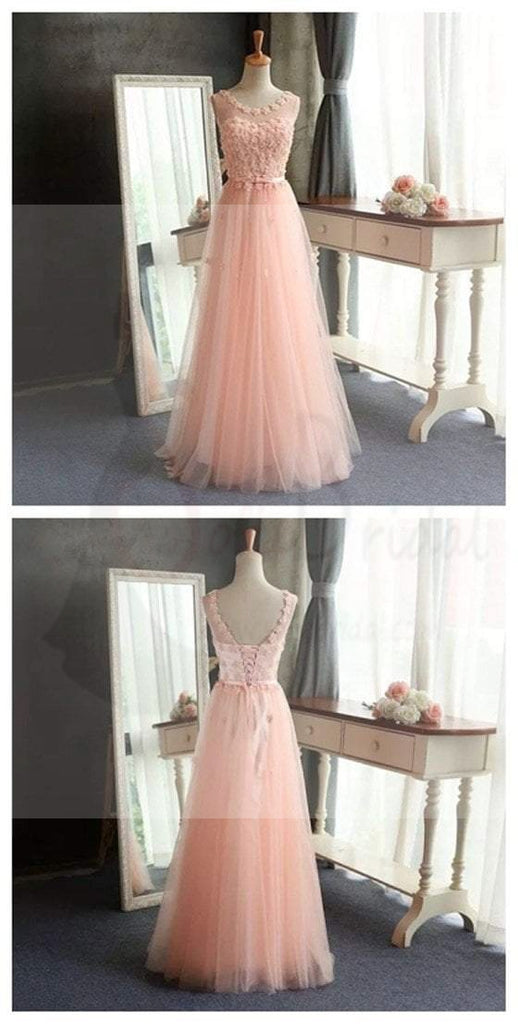 Pink Lace Long A-Line Scoop Tulle Prom Dresses, Cheap Simple Prom Dress