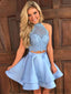 Two Pieces Blue Lace Halter Cheap Homecoming Dresses 2018, CM410
