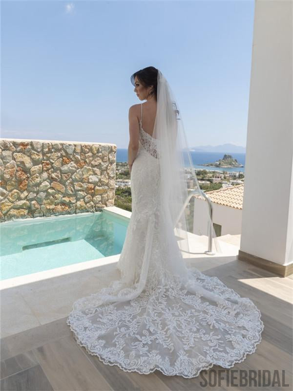 Straghetti Straps Deep V-neck Backless Lace Wedding Dresses, WD0470