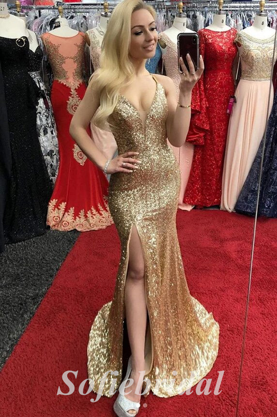 Sexy Gold Sequin Spaghetti Straps V-Neck Sleeveless Lace Up Side Slit Mermaid Long Prom Dresses,SFPD0620