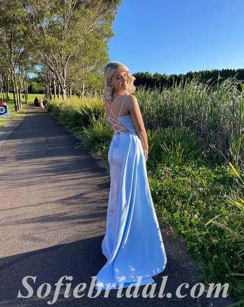 Sexy Blue Satin Spaghetti Straps Sleeveless Side Slit Mermaid Long Prom Dresses,SFPD0527
