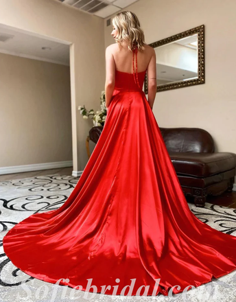 Sexy Red Satin Halter V-Neck Side Slit A-Line Long Prom Dresses With Pockets,SFPD0477