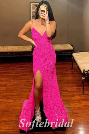 Sexy Special Fabric Spaghetti Straps V-Neck Sleeveless Side Slit Mermaid Long Prom Dresses,SFPD0634